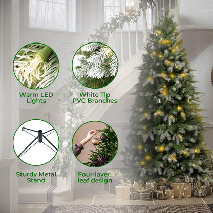 Naomi Home 6.5ft White Tip Christmas Tree with Lights, Realistic Light Snow Flocked Fir Prelit with 1292 Branch Tips, 350 Warm Lights and Metal Stand, Aritificial Tree