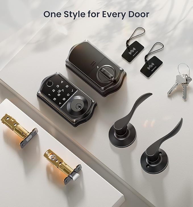 Veise VE017-L Fingerprint Smart Lock with Lever Handles, App Control, Keyless Entry Front Door Lock Set, Electronic Digital Keypad Deadbolt, Remote Grant, Emergency Power Port, Auto Lock, Matte Black