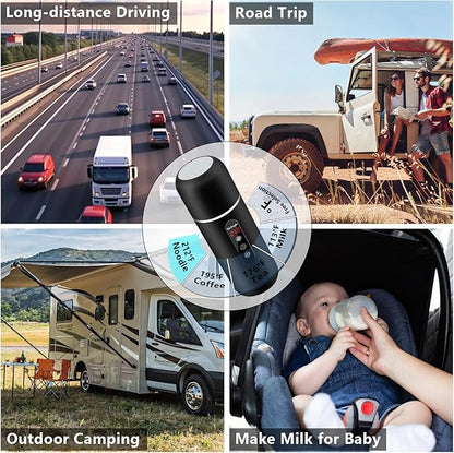 Car Kettle, 12V/24V Portable Electric Travel Kettle 420ML & 304 Stainless Steel Water Boiler with Built-in Magnetic Induction Stirring Temperature Adjustable Bottle Warmer for Tea Coffee Milk