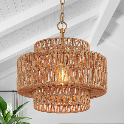 12.6" Hand-Woven Rattan Pendant Light Fixture Vintage Farmhouse Boho Bamboo Pendant Lighting Mini Drum Wicker Rattan Golden Chandelier for Kitchen Island, Bedroom, Dining Room, Entryway, Foyer