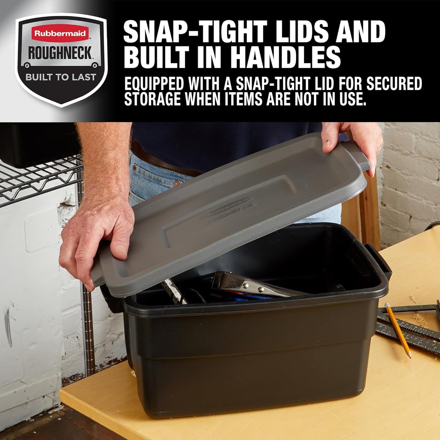 Rubbermaid Roughneck Tote 3 Gal, 6 Pack, Made in USA, Black & Gray, Rugged Plastic Stackable Storage Bins with Lids and Handles