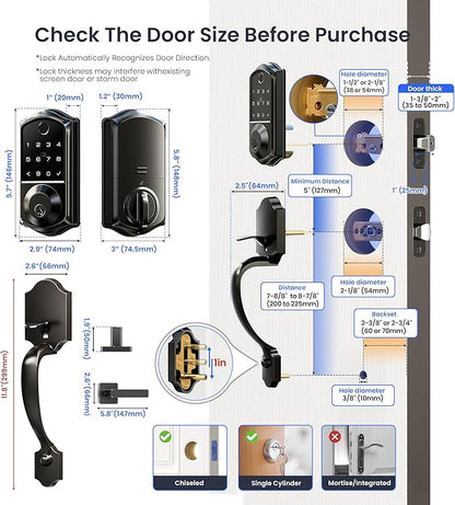 Veise VE017-H Fingerprint Smart Front Door Lock Set, App Control, 8-in-1 Keyless Entry Deadbolt with Zinc Alloy Handles, Emergency Power Port, Touchscreen Keypad, Auto Lock, Easy Install, Matte Black