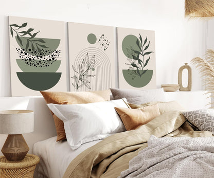 Sage Green Boho Wall Art Set of 3 Abstract Minimalist Geometric Line Poster Green Botanical Leaf Canvas Prints Modern Artwork Painting Decor for Living Room Bedroom Office 16x24 in Framed