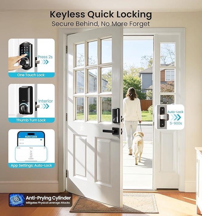 Veise VE07-L Fingerprint App Control Smart Locks with Heavy-Duty Zinc Alloy Handles, Keyless Entry for Front Door, Digital Electronic Touchscreen, Auto Lock, Waterproof, Easy Install, Matte Black