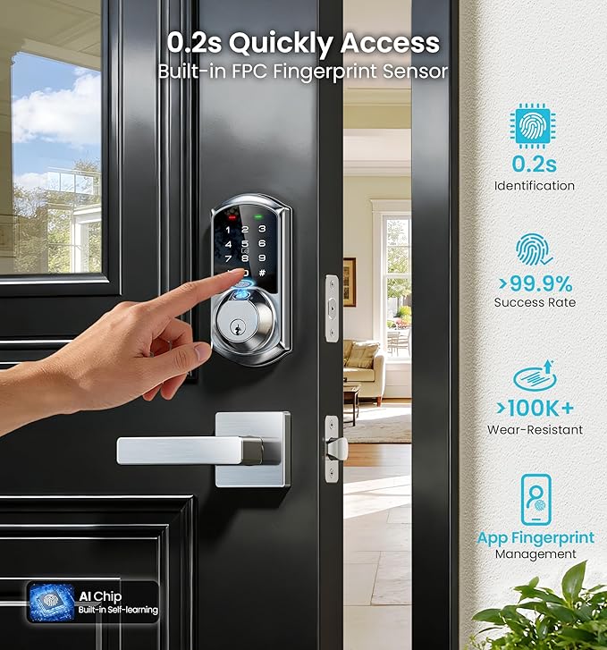 Veise VE07-L Fingerprint App Control Smart Locks with Heavy-Duty Zinc Alloy Handles, Keyless Entry for Front Door, Digital Electronic Touchscreen, Auto Lock, Waterproof, Easy Install, Satin Nickel