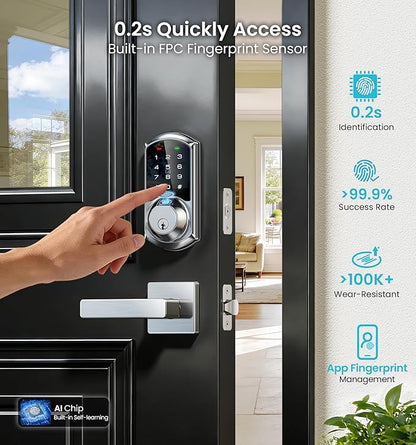 Veise VE07-L Fingerprint App Control Smart Locks with Heavy-Duty Zinc Alloy Handles, Keyless Entry for Front Door, Digital Electronic Touchscreen, Auto Lock, Waterproof, Easy Install, Satin Nickel