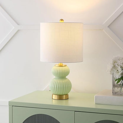 JONATHAN Y 20" Mint Green/Brass Gold Ribbed Gourd Glass Table Lamp, Modern Bedside Lamp for Bedroom Living Room, White Linen Drum Shade, LED Bulb Included (JYL1099F)
