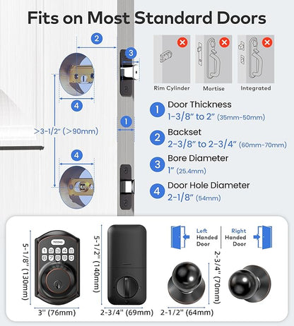 TEEHO TE001K Keyless Entry Door Lock with Handle, Electronic Keypad Deadbolt with 2 Knobs, High-Security Front Door Handle Set for Home & Rental, Smart Auto-Locking, Easy Install, Oil-Rubbed Bronze