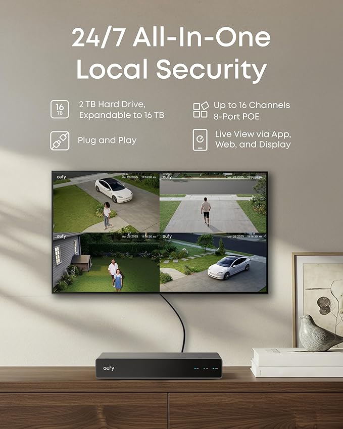 eufy PoE NVR Security Camera System S4, Power Over Ethernet, Wired, 24/7 Recording,Up to 16CH, 2TB HDD, 2 Bullet-PTZ Cams, 2 Turret Cams, 360° PTZ, AI Auto Framing & Tracking, Smart Video Search