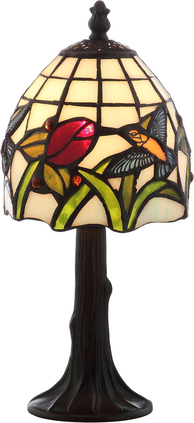 JONATHAN Y 12" Bronze Hummingbird Tiffany-Style LED Table Lamp, Handcrafted Multicolored Stained Glass Bell Shade, Traditional Bedside Accent Lamp, LED Bulb Included JYL8014A