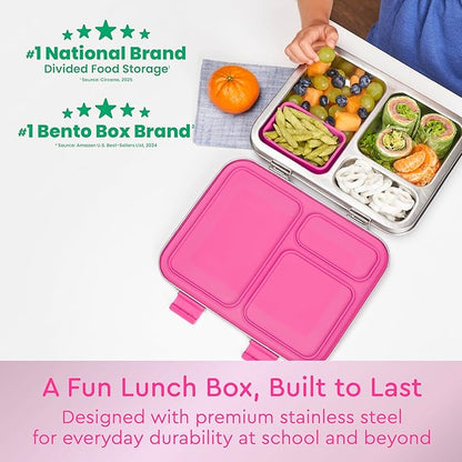 Bentgo Kids Stainless Steel Leak-Resistant Lunch Box - 3-Compartments with Bonus Silicone Container, Durable, Eco-Friendly, Dishwasher Safe, BPA-Free, Ideal for School, Ages 3+ (Fuchsia)