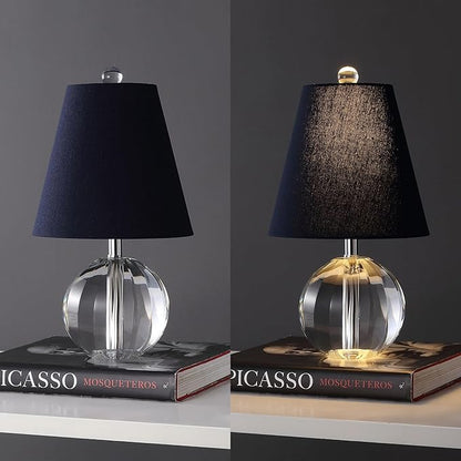 JONATHAN Y 16" Clear/Navy Crystal Ball LED Table Lamp, White Modern Bedside Lamp, with White Linen Empire Shade, Glam Orb Glass Nightstand Lamp for Living Room, LED Bulb (JYL2079D)