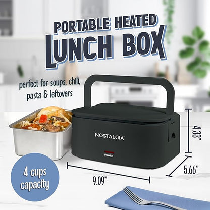 Nostalgia 32-Ounce Heated Electric Lunch Box – Travel Size 4 Cup Capacity for Soup, Pasta, and Leftovers – Leak-Proof Silicone Sealed Lid, Foldable Carry Handle, Detachable Cord – Black