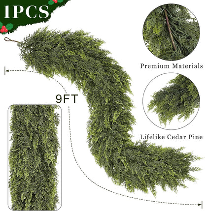 9FT Real Touch Cedar Garland for Fireplace - Artificial Christmas Garlands Realistic Faux Greenery Fake Pine Needles Garland for Holiday,Table, Window,Mantel,Stairs, Home,Indoor Outdoor Decor (1PCS)