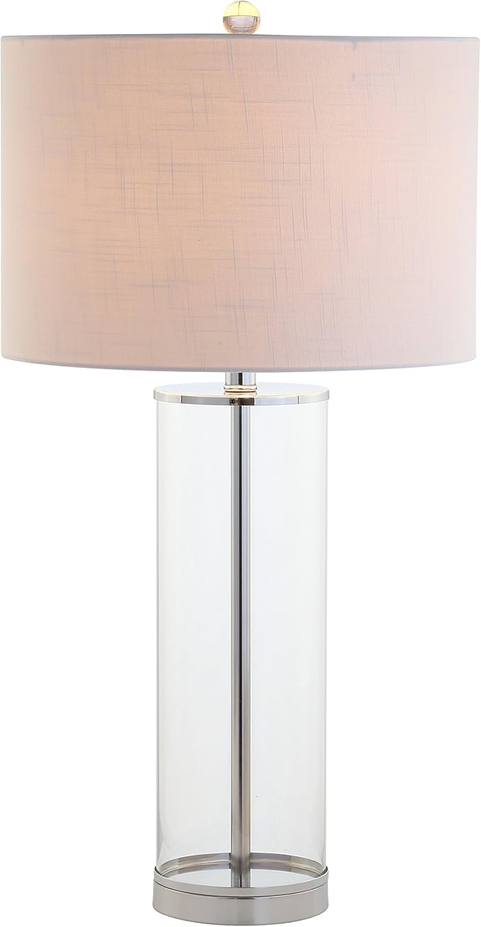 JONATHAN Y 29" Clear/Chrome Modern Glass Table Lamp for Living Room Bedroom, Minimalist Nightstand Bedside Lamp, White Linen Drum Shade, LED Bulb Included JYL2004A