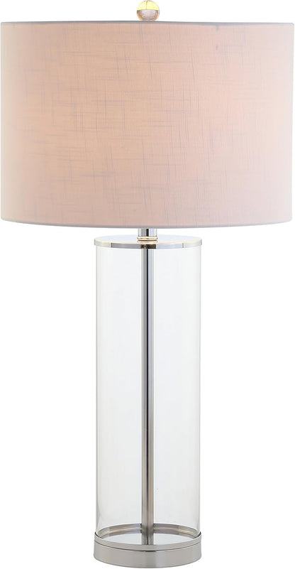 JONATHAN Y 29" Clear/Chrome Modern Glass Table Lamp for Living Room Bedroom, Minimalist Nightstand Bedside Lamp, White Linen Drum Shade, LED Bulb Included JYL2004A