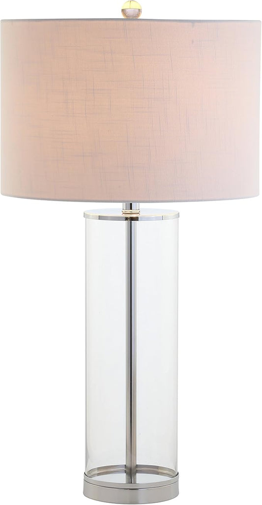 JONATHAN Y 29" Clear/Chrome Modern Glass Table Lamp for Living Room Bedroom, Minimalist Nightstand Bedside Lamp, White Linen Drum Shade, LED Bulb Included JYL2004A