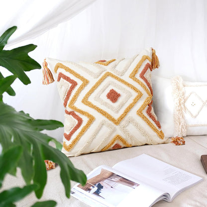 Boho Pillow Covers 18X18 Inch Boho Tufted Throw Pillow Covers Decorative Tassels Cushion Cover Farmhouse Pillow Case for Couch Sofa Bed Living Room Bedroom, Rust