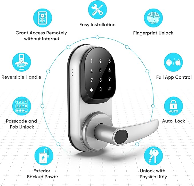 Sifely Keyless Entry Smart Lock - Fingerprint & Keypad Access, Front Door Handle, Silver