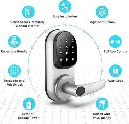 Sifely Keyless Entry Smart Lock - Fingerprint & Keypad Access, Front Door Handle, Silver