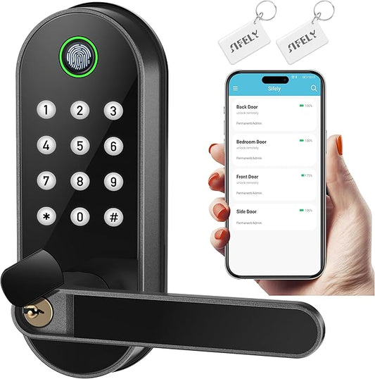 Fingerprint Smart Door Lock with Handle & Keypad – Bluetooth Keyless Entry for Front Door, Home, Kids, Guests, Airbnb & Rental, App + Code Access, Compatible with Alexa & Google, Easy DIY Install