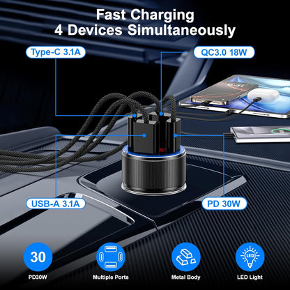 Car Charger USB C, Besgoods 4 Ports Cigarette Lighter USB Charger USB C Car Adapter PD/QC Fast Charging with Voltmeter for iPhone 16 15 14 13 12 Galaxy S24 S23 A54 A15 Android Dash Cam, 2Pack