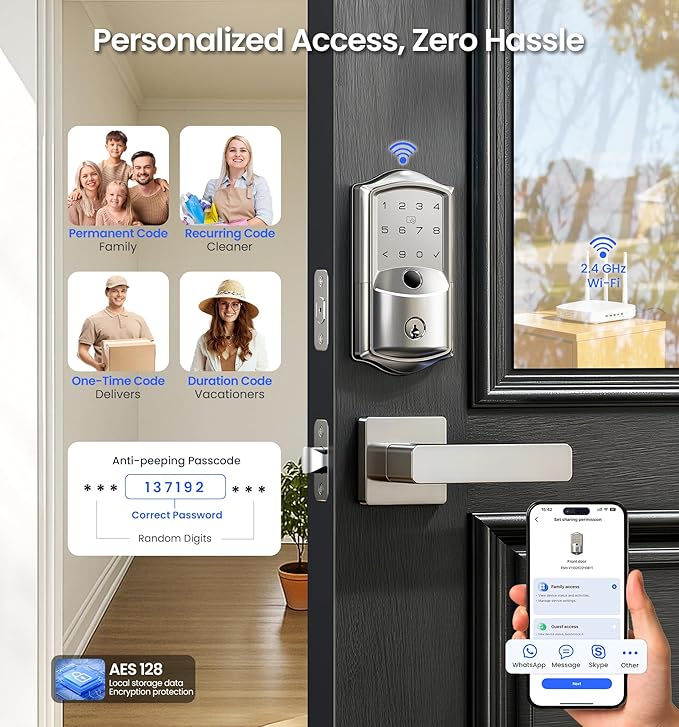 Veise VE027-L Built-in WiFi Smart Lock with Handle, Fingerprint keyless Entry Door Lock Set, App Remote & Voice Control, Electronic Deadbolt for Front Door, Touchscreen Keypad, Auto Lock, Satin Nickel