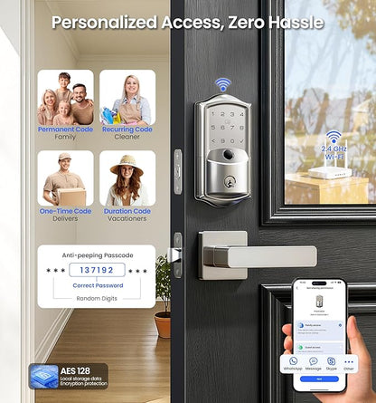 Veise VE027-L Built-in WiFi Smart Lock with Handle, Fingerprint keyless Entry Door Lock Set, App Remote & Voice Control, Electronic Deadbolt for Front Door, Touchscreen Keypad, Auto Lock, Satin Nickel