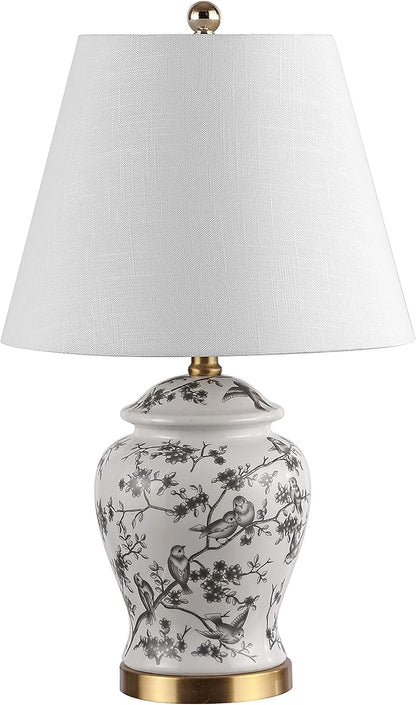 JONATHAN Y 22" Gray/White Ceramic Table Lamp, French Country Chinoiserie Ginger Jar LED Bedside Lamp for Living Room Bedroom, White Linen Shade (JYL3005C)