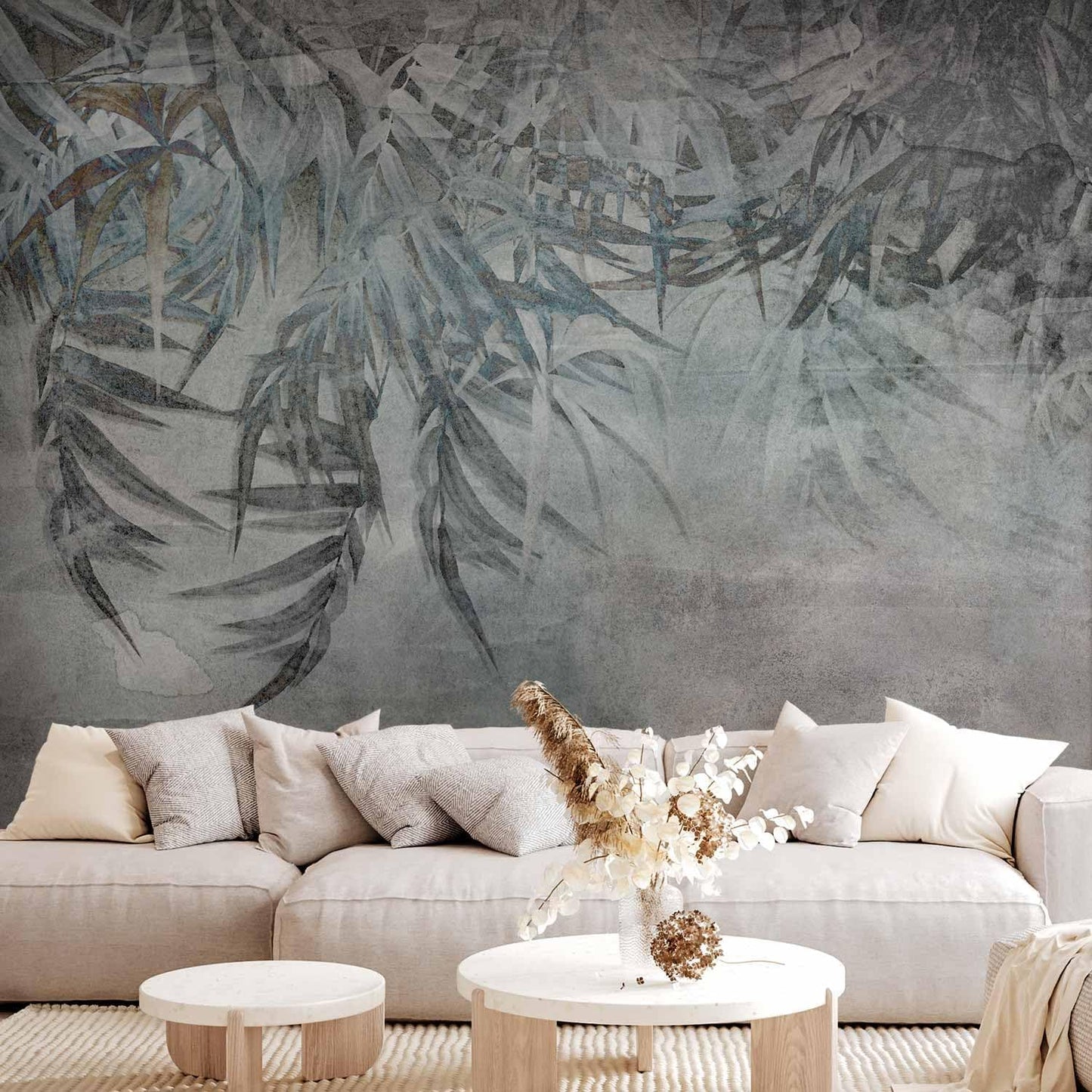 artgeist Wall Mural Leaves 96x69 in - XXL Peel and Stick Self-Adhesive Wallpaper Removable Large Sticker Foil Wall Decor Print Picture Image Design Palm Leaves Concrete Nature Grey b-C-10103-a-a
