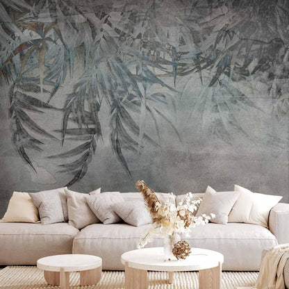 artgeist Premium Wall Mural Leaves 138x101 in - XXL Non-Woven Wallpaper Fleece Wall Decor Photo Print Picture Image Design Palm Leaves Concrete Nature Grey b-C-10103-a-a