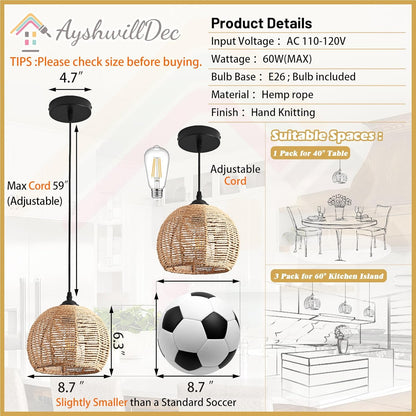 3 Pack Wicker Pendant Light Natural Woven Pendant Light Boho Chandelier Light Fixture Dome Rustic Farmhouse Pendant Lights Rattan Light Fixture for Dining Room Kitchen Island (Bulb Incl.)