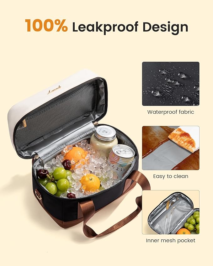 LOVEVOOK Insulated Lunch Bag for Women & Men - Cooler Lunch Tote and Lunch Box for Work and Travel, Black-beige-brown