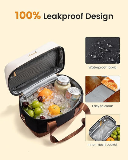 LOVEVOOK Insulated Lunch Box for Women Men, Reusable Lunch Bag with Large Capacity, Leakproof Cooler Lunch Tote for Work, Office, Outdoor Use, Black-beige-brown
