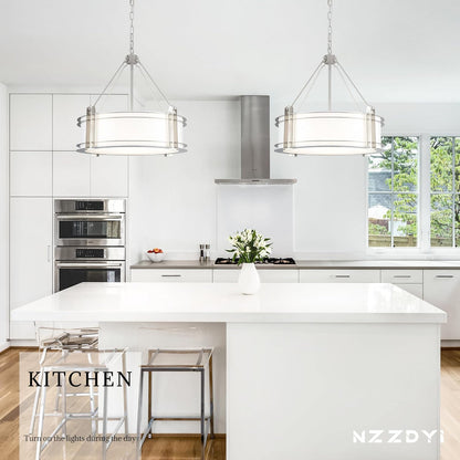 20.4''Drum Chandelier,5-Light Brushed Nickel Modern White Fabric Chandeliers,Farmhouse Round Pendant Light Fixture for Dining Room Kitchen Island Living Room Bedroom Hallway