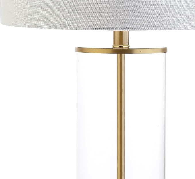 JONATHAN Y 29" Clear/Brass Gold Modern Glass Table Lamp for Living Room Bedroom, Minimalist Nightstand Bedside Lamp, White Linen Drum Shade, LED Bulb Included (JYL2005A)