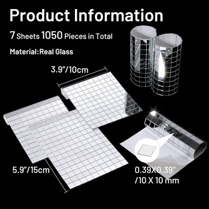 PP OPOUNT 1050 PCS Disco Ball Tiles, 10 x 10 mm Self-Adhesive Disco Tapes for DIY Craft Decoration, Small Mirror Tiles for Disco Balls, Art Collage, Indoor Outdoor Decoration(Silver)