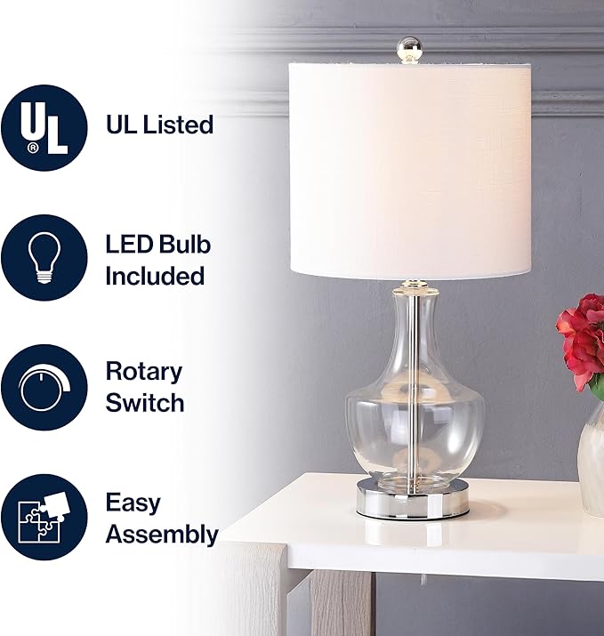 JONATHAN Y 20" Clear Glass Mini Table Lamp, Modern Bedside Lamp for Bedroom, White Linen Drum Shade, Teardrop Glass Base, LED Bulb Included, UL Listed JYL1029A