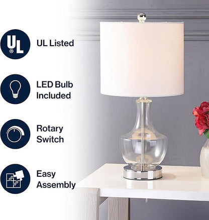 JONATHAN Y 20" Clear Glass Mini Table Lamp, Modern Bedside Lamp for Bedroom, White Linen Drum Shade, Teardrop Glass Base, LED Bulb Included, UL Listed JYL1029A