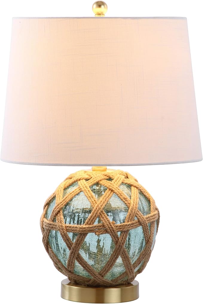 JONATHAN Y 21.5" Aqua Glass and Brown Rope Nautical Table Lamp, Coastal Transitional Bedside Lamp with White Linen Drum Shade for Living Room, LED Bulb Included JYL1085A