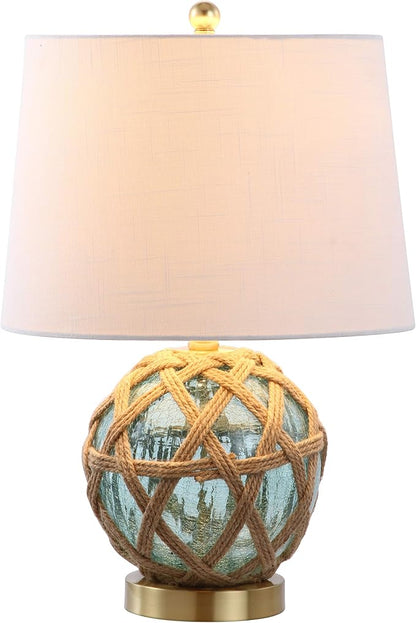 JONATHAN Y 21.5" Aqua Glass and Brown Rope Nautical Table Lamp, Coastal Transitional Bedside Lamp with White Linen Drum Shade for Living Room, LED Bulb Included JYL1085A