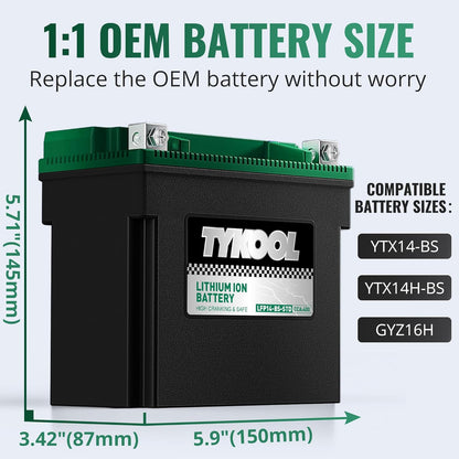 TYKOOL YTX14-BS-STD 400 CCA,Lithium LiFePO4 12v Motorcycle Battery,ATV Battery,2X Cranking Amps,Digital Readout for SOC,Comptitable for ATV,Piaggio Scooter,Honda UTV,Yamaha Snowmobile