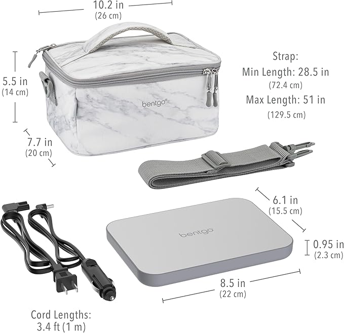Bentgo Heat - Electric Lunch Bag & Food Warmer for Reheating Meals in Car, at Work & More - Heated Lunch Box Warmer for Adults, Students & Shift Workers, 12V/24V Auto & 120V Wall Cords (White Marble)