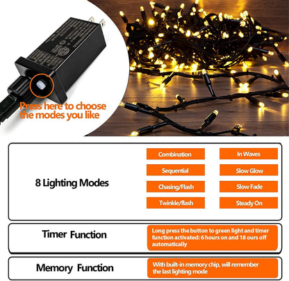 Upgraded Super Long 264FT 800 LED Christmas String Lights Outdoor & Indoor, Memory Function Timer and 8 Modes, Green Wire Waterproof String Lights for Xmas Tree Holiday Party Garden Decor (Warm White)