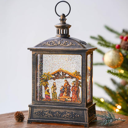 12.5'' Christmas Snow Globe Lighted Manger Nativity Scene, Musical Water Lantern Play Silent Night Music in Swirling Glitter, for Home, Battery Operated or USB Powered