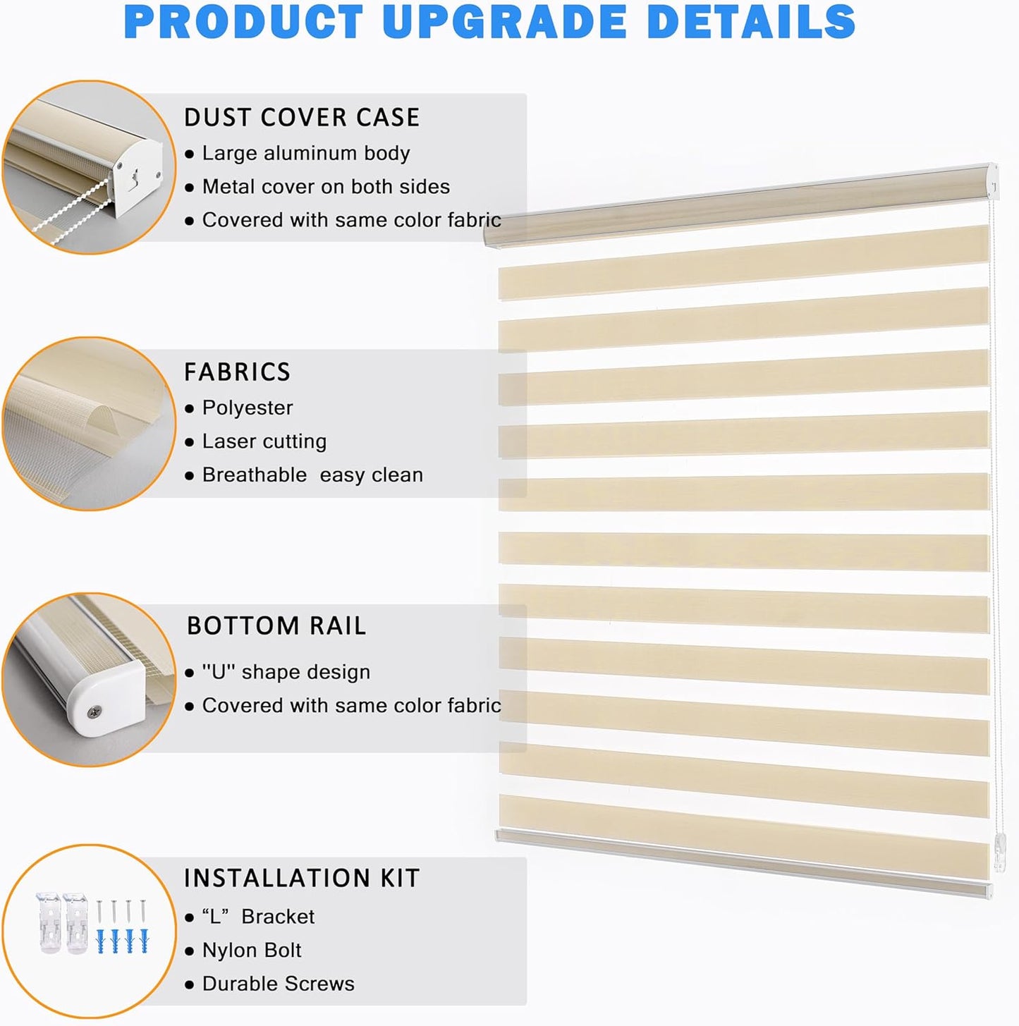 Zebra Blinds for Windows, Dual Layer Light Filtering Privacy, Free-Stop Sheer Blinds for Indoor Windows, Zebra Shades for Living Room, Kitchen (34" W X 72" H, Cream)