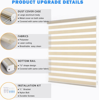 Zebra Blinds for Windows, Dual Layer Light Filtering Privacy, Free-Stop Sheer Blinds for Indoor Windows, Zebra Shades for Living Room, Kitchen (34" W X 72" H, Cream)