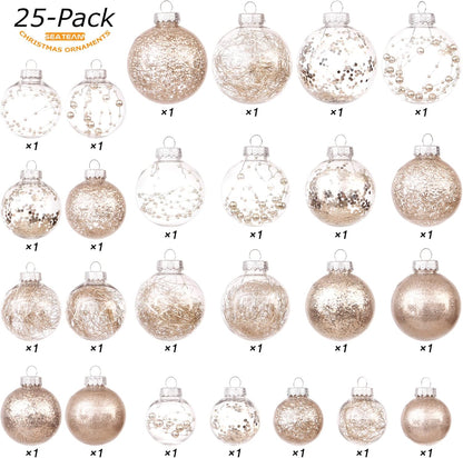 Sea Team Christmas Baubles Set Clear Plastic Shatterproof Multi-Size Decorative Christmas Baubles with Stuffed Delicate Decorations (25 Pieces, Champagne)