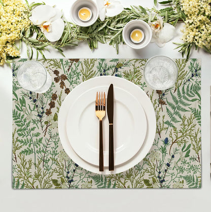 Sage Green Botanical Floral Placemats Set of 4 Vintage Tropical Herbs Fern Leaves Place Mats 12x18 Inch Seasonal Plant Spring Summer Linen Fabric Table Mats for Party Kitchen Dining Decor