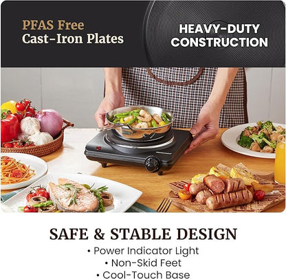 Elite Gourmet Countertop Electric Burner, 1000W Cast Iron Hot Plate, 7 Heat Settings, Portable Cooktop for RV, Dorm, Office & Small Kitchens, Road-Ready & Compact